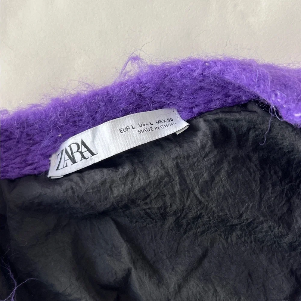 ZARA Brushed Fuzzy Finish Knit Open Cardigan Abstract Unique Purple Red L